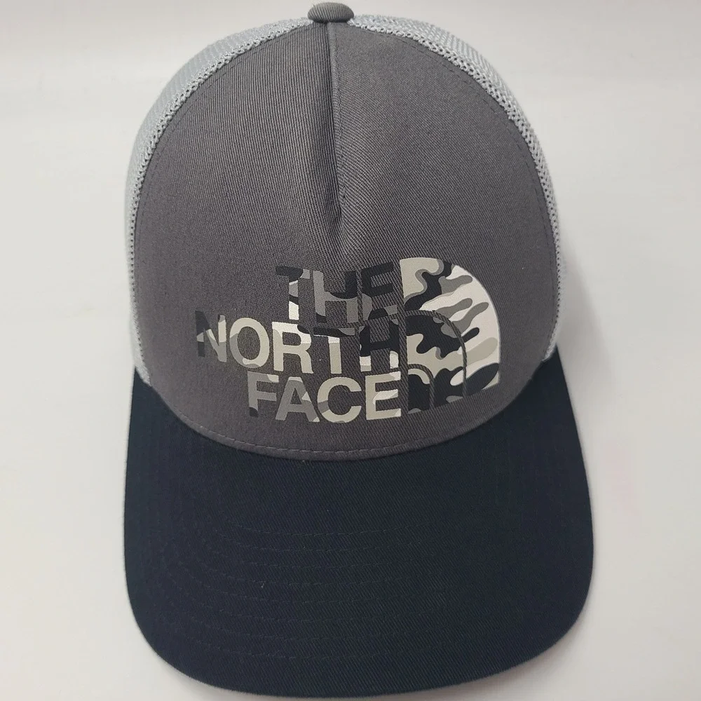 The North Face Hat Snapback Trucker Mesh Gray Black Camo Logo Outdoors Hike Men